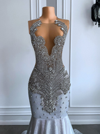 Women Silver Long Mermaid Formal Prom Dresses Sexy Sheer Mesh Luxury Sparkly Handmade Diamond Black Girl Formal Prom Formal Gala Gowns