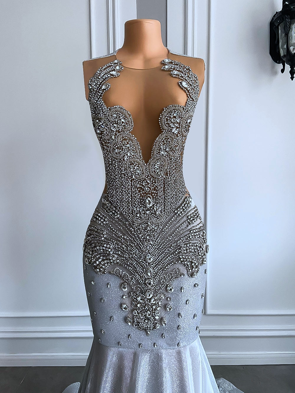 Women Silver Long Mermaid Formal Prom Dresses Sexy Sheer Mesh Luxury Sparkly Handmade Diamond Black Girl Formal Prom Formal Gala Gowns