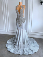 Women Silver Long Mermaid Formal Prom Dresses Sexy Sheer Mesh Luxury Sparkly Handmade Diamond Black Girl Formal Prom Formal Gala Gowns