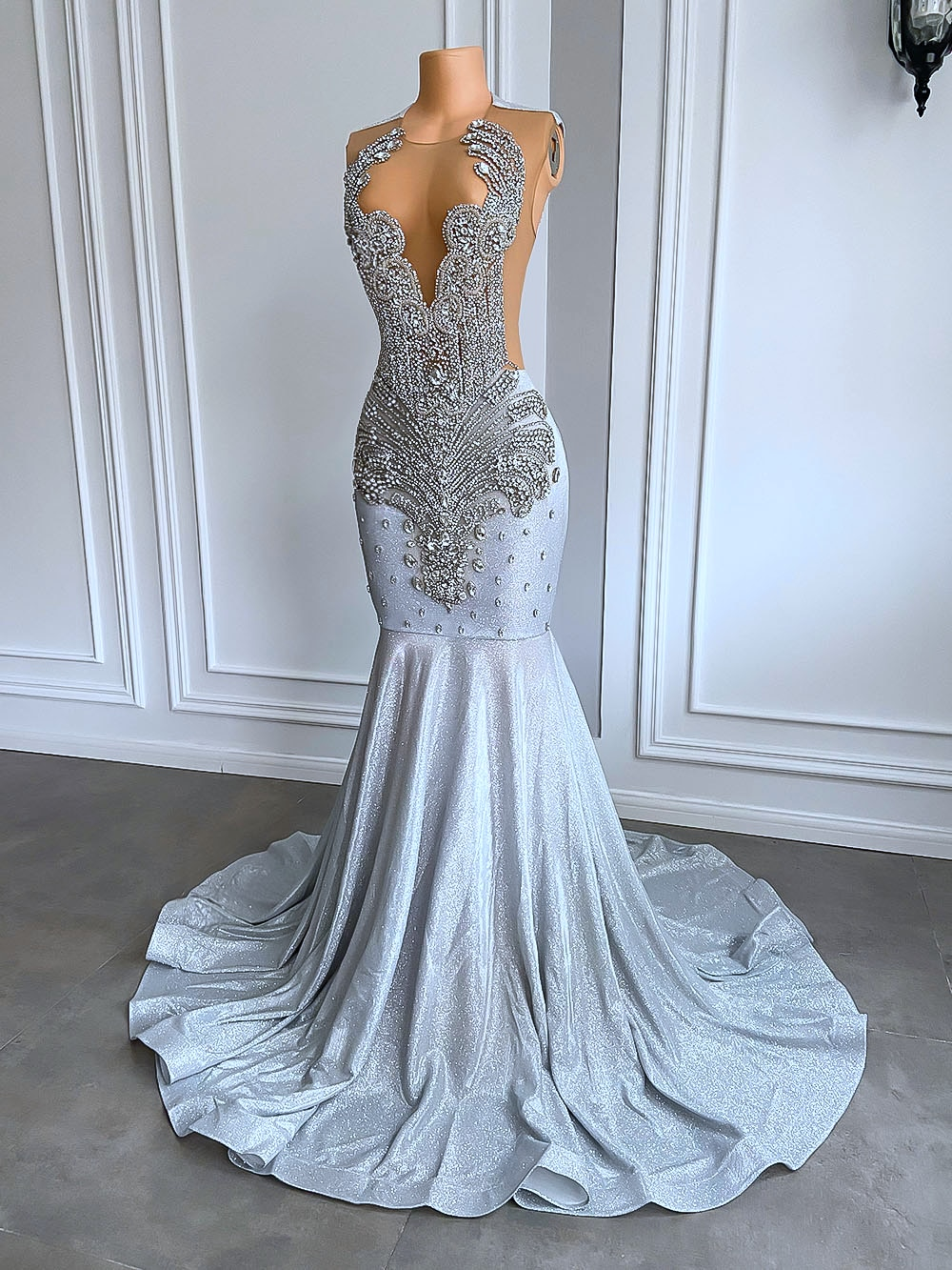 Women Silver Long Mermaid Formal Prom Dresses Sexy Sheer Mesh Luxury Sparkly Handmade Diamond Black Girl Formal Prom Formal Gala Gowns