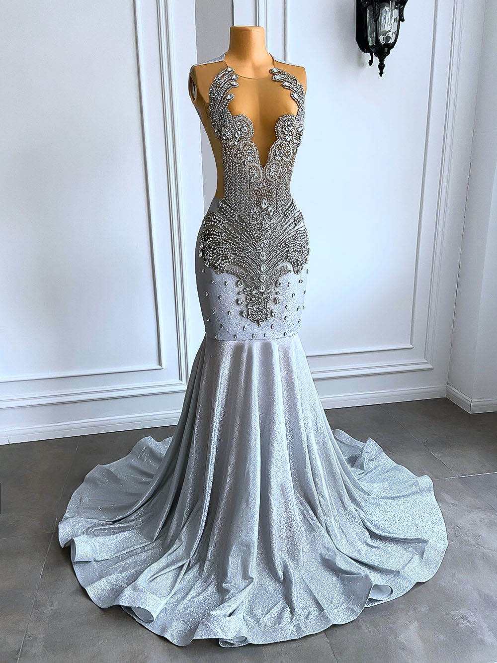 Women Silver Long Mermaid Formal Prom Dresses Sexy Sheer Mesh Luxury Sparkly Handmade Diamond Black Girl Formal Prom Formal Gala Gowns