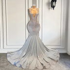 Women Silver Long Mermaid Formal Prom Dresses Sexy Sheer Mesh Luxury Sparkly Handmade Diamond Black Girl Formal Prom Formal Gala Gowns