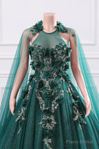 Womens Beaded Applique Tulle Emerald Green Prom Ball Gowns Quinceanera Dress A-Line Wedding Bridesmaid Eveniing Dresses