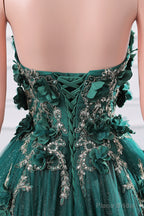 Womens Beaded Applique Tulle Emerald Green Prom Ball Gowns Quinceanera Dress A-Line Wedding Bridesmaid Eveniing Dresses