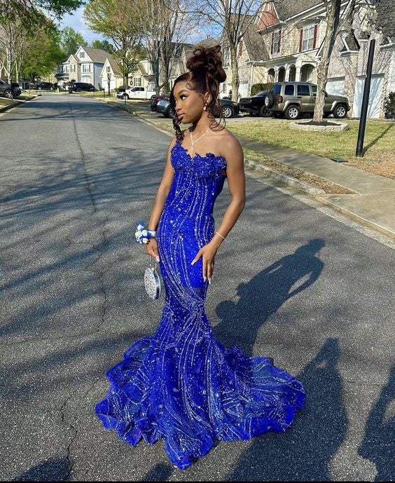 Women'S Mermaid Formal Prom Dresses, Sweetheart Sequin Royal Blue Birthday Party Dresses