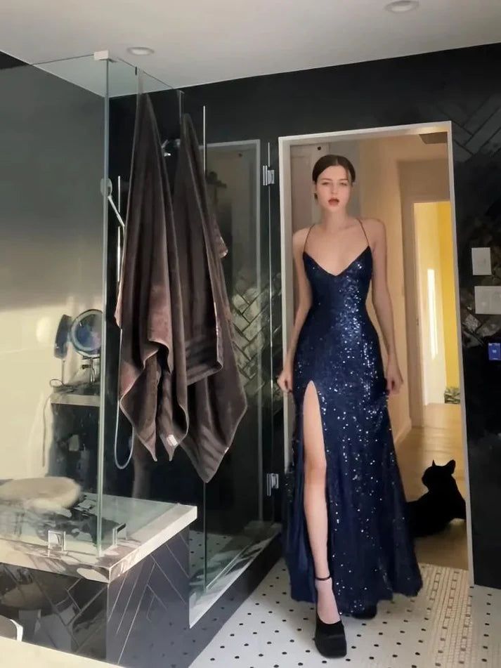Womens Navy Sequined Slitted Spaghetti Strap V Neck Full-Length Formal Gown Dresses