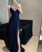 Womens Navy Sequined Slitted Spaghetti Strap V Neck Full-Length Formal Gown Dresses