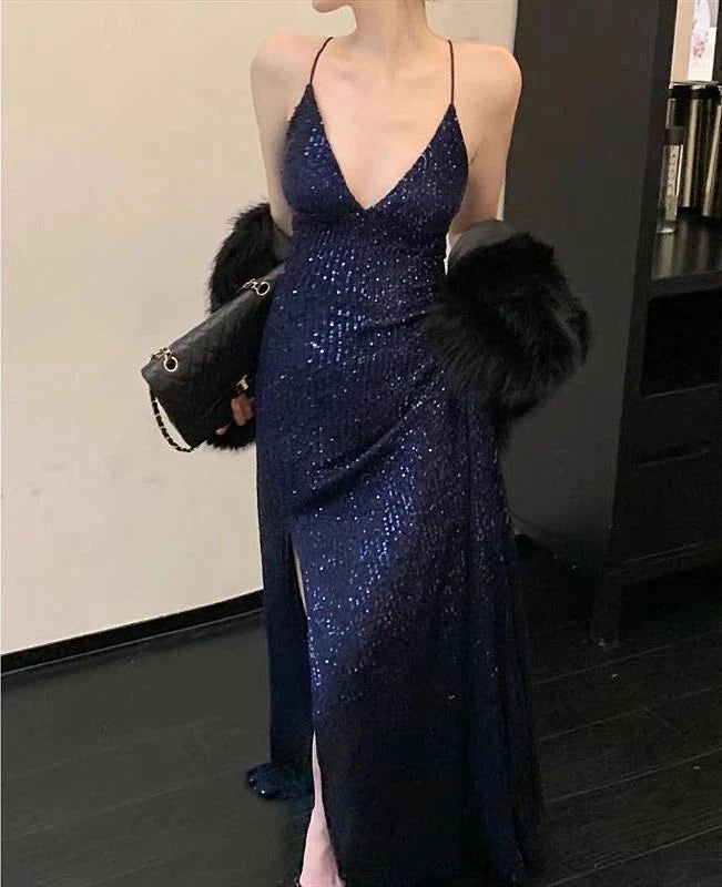 Womens Navy Sequined Slitted Spaghetti Strap V Neck Full-Length Formal Gown Dresses