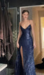 Womens Navy Sequined Slitted Spaghetti Strap V Neck Full-Length Formal Gown Dresses