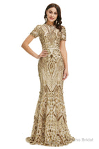 Short Sleeves Sequins A-Line Formal Evening Dress