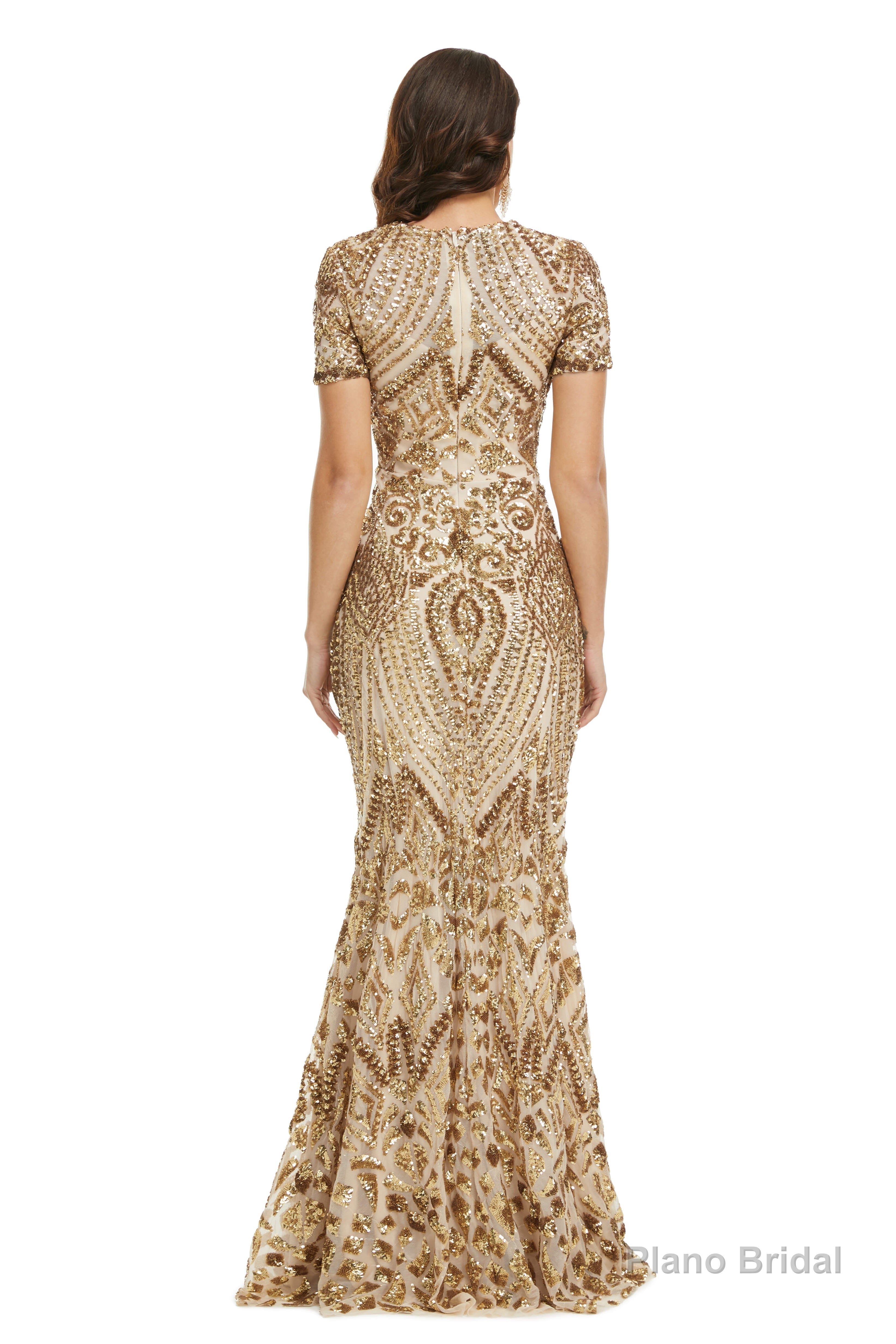 Short Sleeves Sequins A-Line Formal Evening Dress