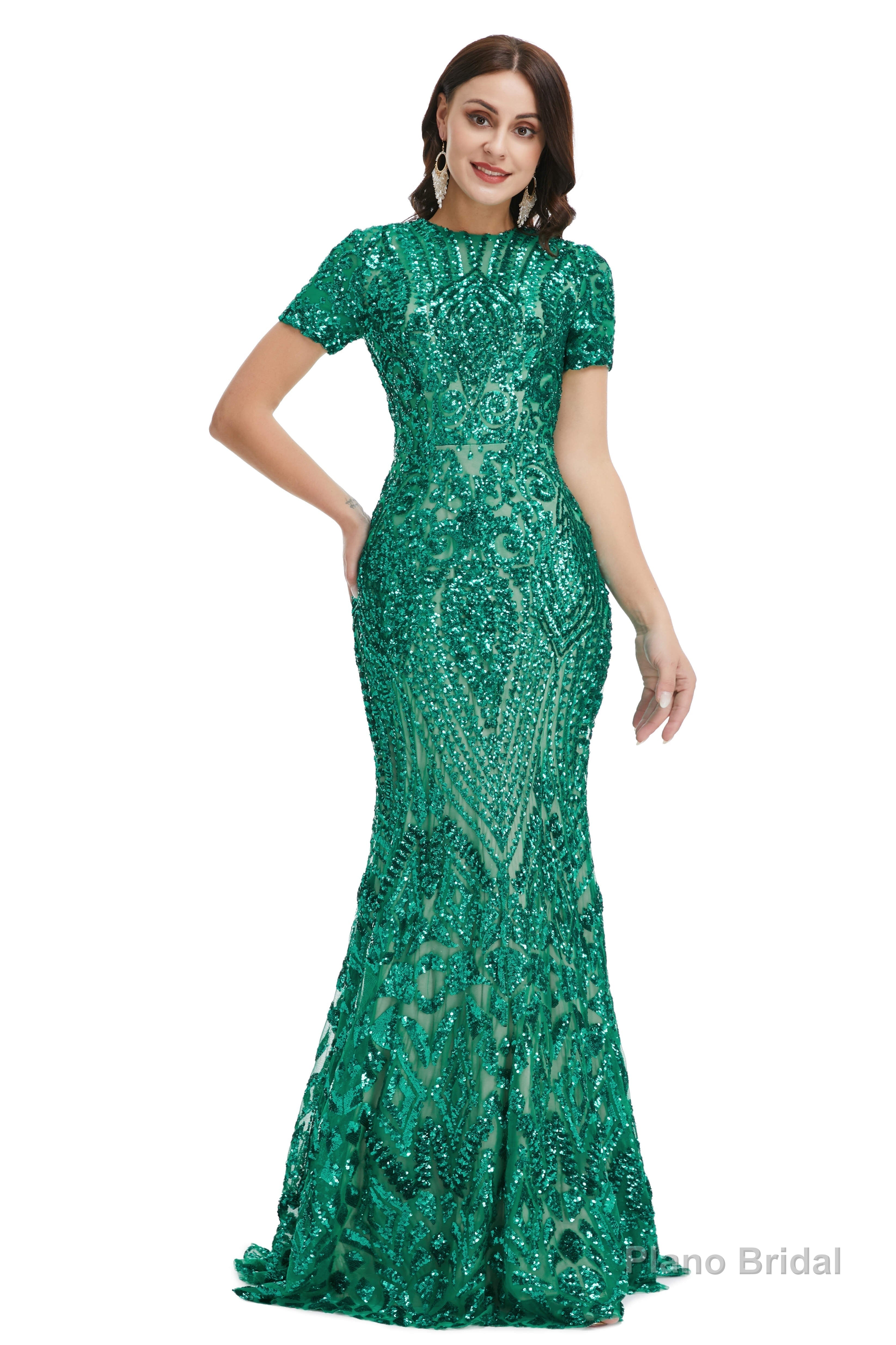 Short Sleeves Sequins A-Line Formal Evening Dress