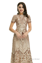Short Sleeves Sequins A-Line Formal Evening Dress