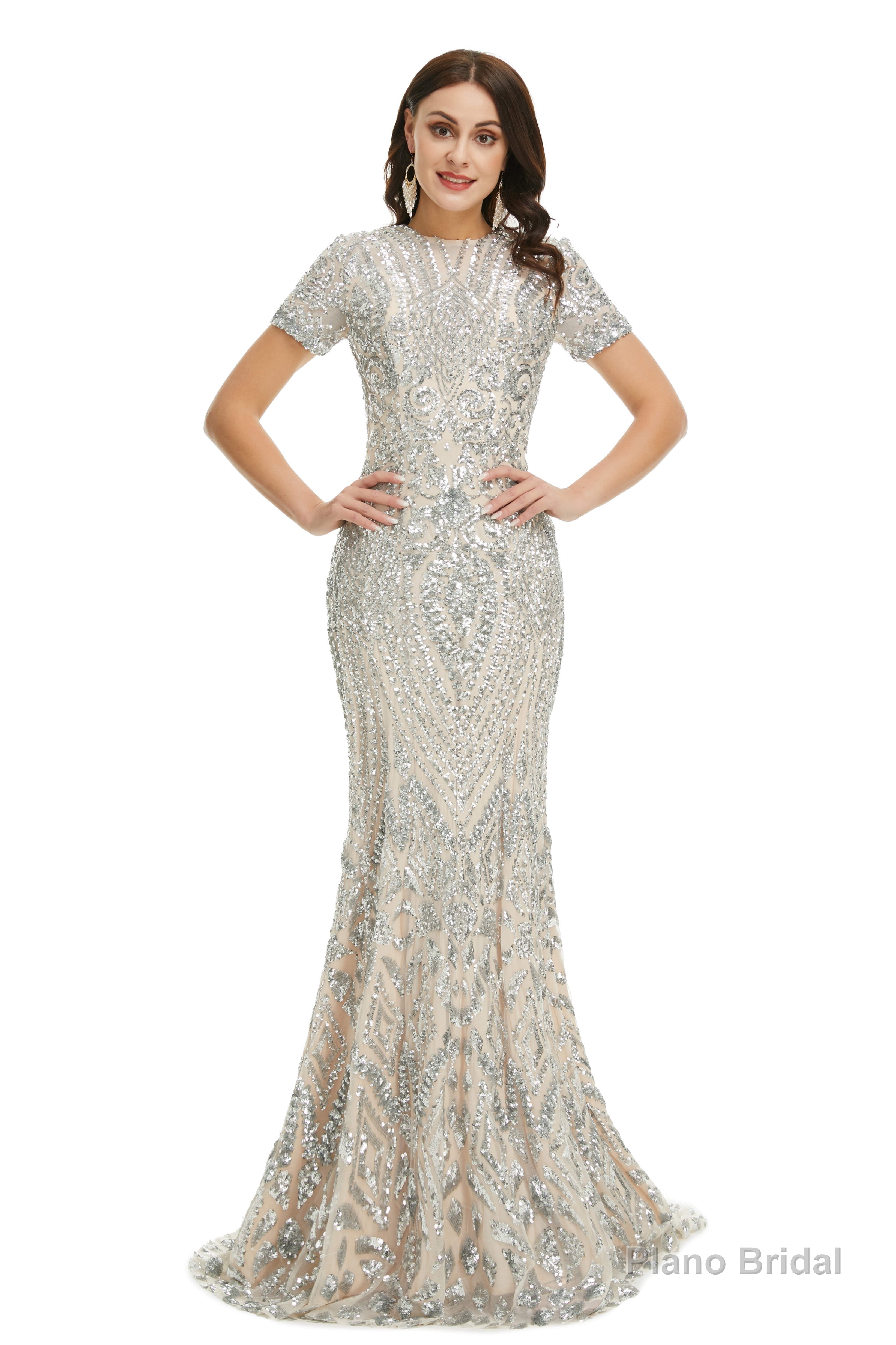 Short Sleeves Sequins A-Line Formal Evening Dress