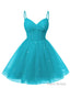Womens V Neck Tulle Spaghetti Straps Aqua Blue Homecoming Dresses with Corset Back Short Prom Gowns for Teens