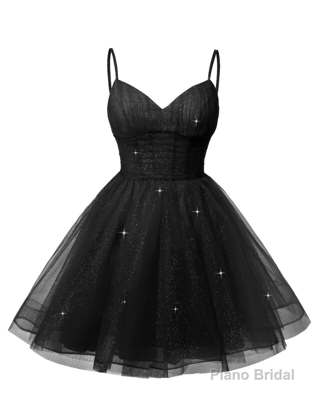 Womens V Neck Tulle Spaghetti Straps Black Homecoming Dresses with Corset Back Short Prom Gowns for Teens Main image