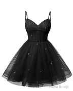Womens V Neck Tulle Spaghetti Straps Black Homecoming Dresses with Corset Back Short Prom Gowns for Teens
