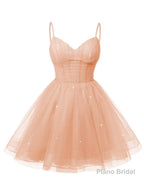Womens V Neck Tulle Spaghetti Straps Blush Pink Homecoming Dresses with Corset Back Short Prom Gowns for Teens