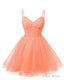 Womens V Neck Tulle Spaghetti Straps Coral Homecoming Dresses with Corset Back Short Prom Gowns for Teens