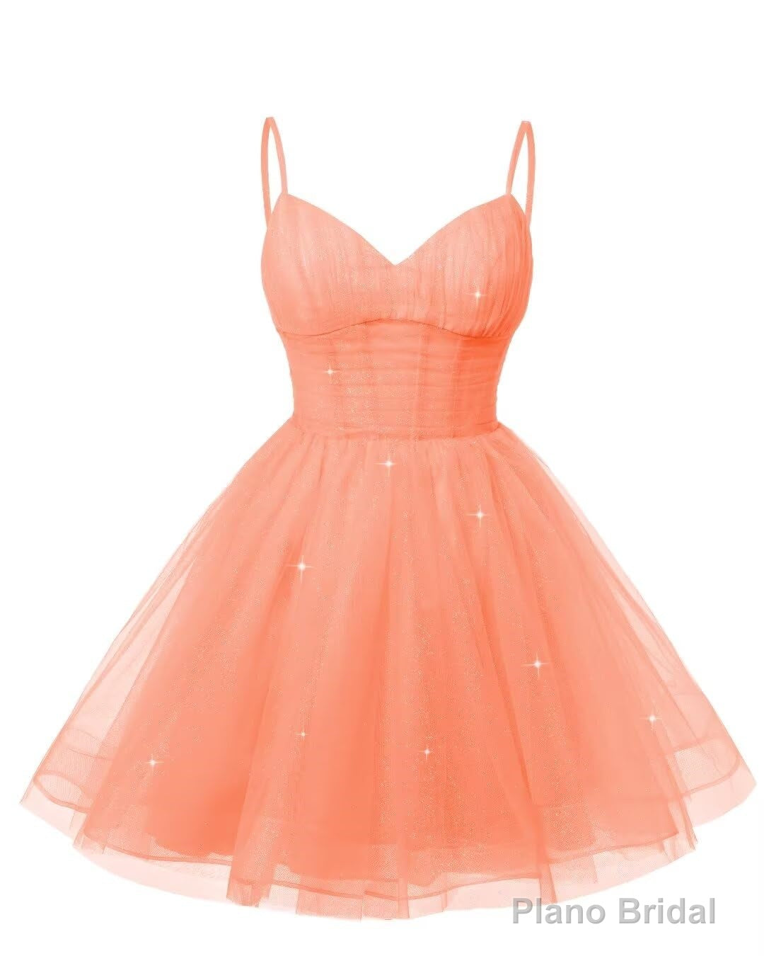 Womens V Neck Tulle Spaghetti Straps Coral Homecoming Dresses with Corset Back Short Prom Gowns for Teens Main image