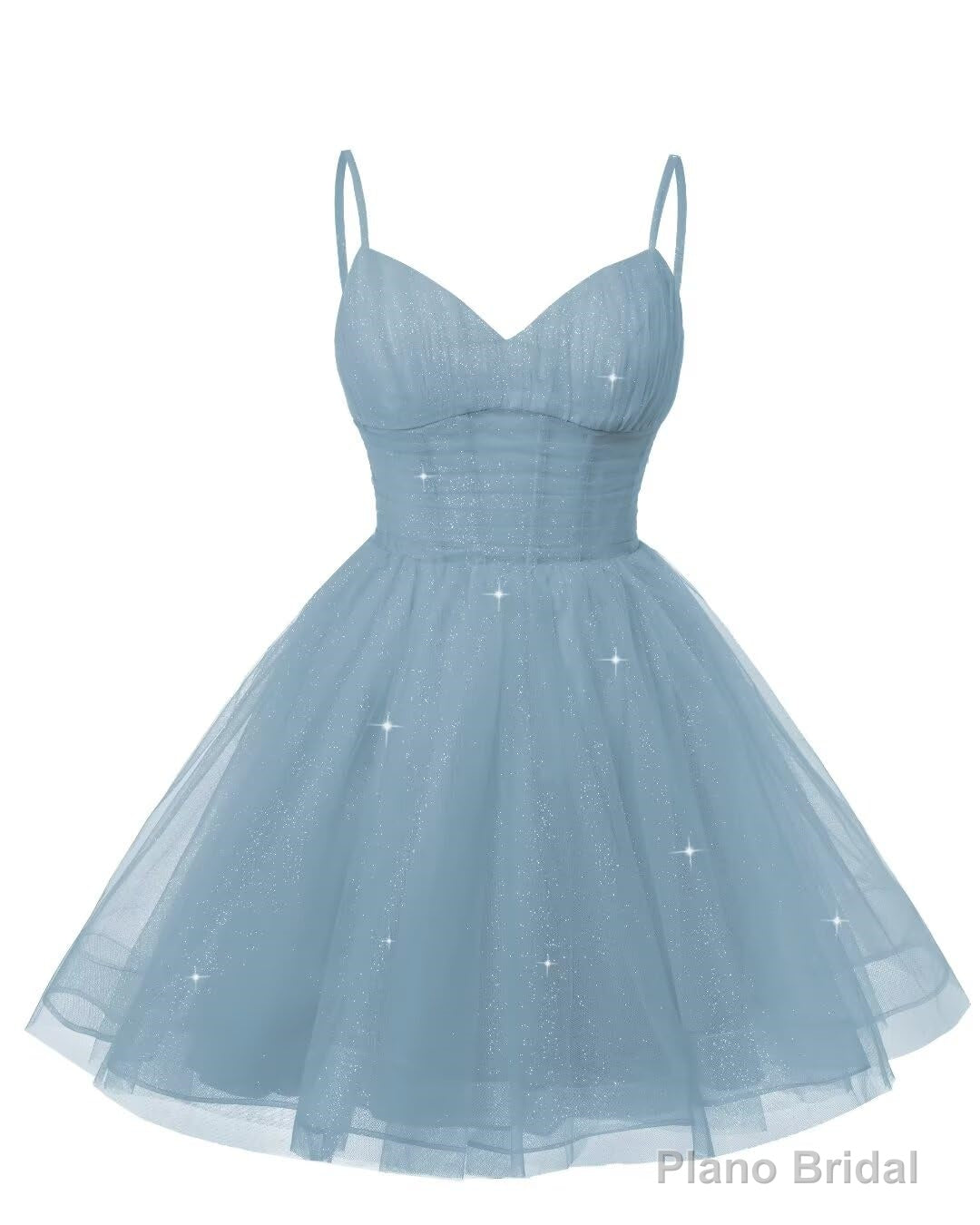 Womens V Neck Tulle Spaghetti Straps Dusty Blue Homecoming Dresses with Corset Back Short Prom Gowns for Teens Main image