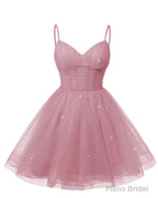 Womens V Neck Tulle Spaghetti Straps Dusty Rose Homecoming Dresses with Corset Back Short Prom Gowns for Teens