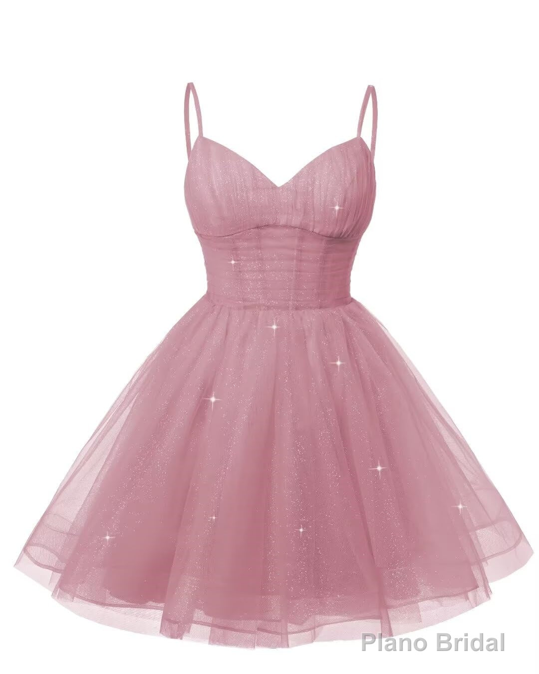 Womens V Neck Tulle Spaghetti Straps Dusty Rose Homecoming Dresses with Corset Back Short Prom Gowns for Teens
