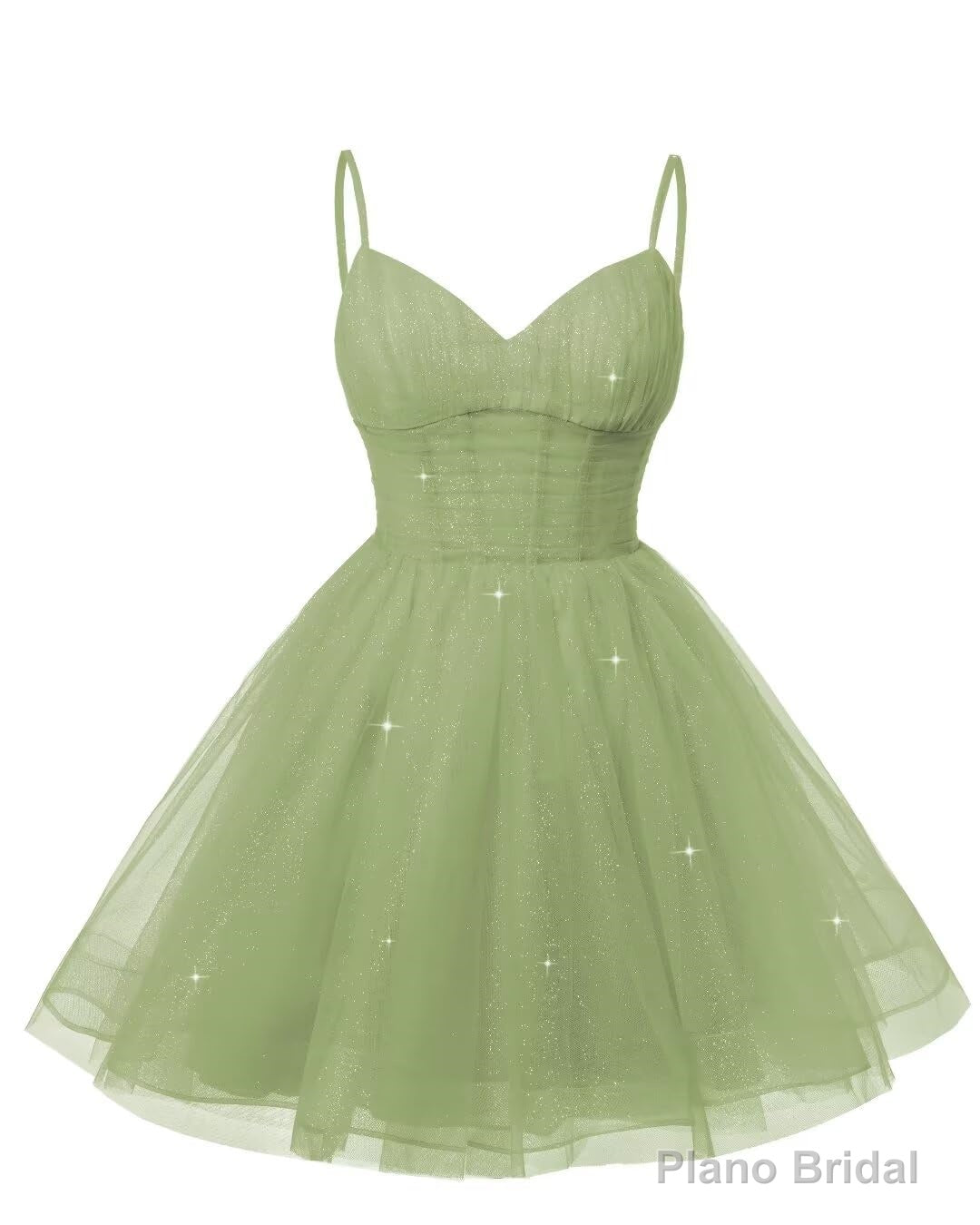 Womens V Neck Tulle Spaghetti Straps Dusty Sage Homecoming Dresses with Corset Back Short Prom Gowns for Teens Main image