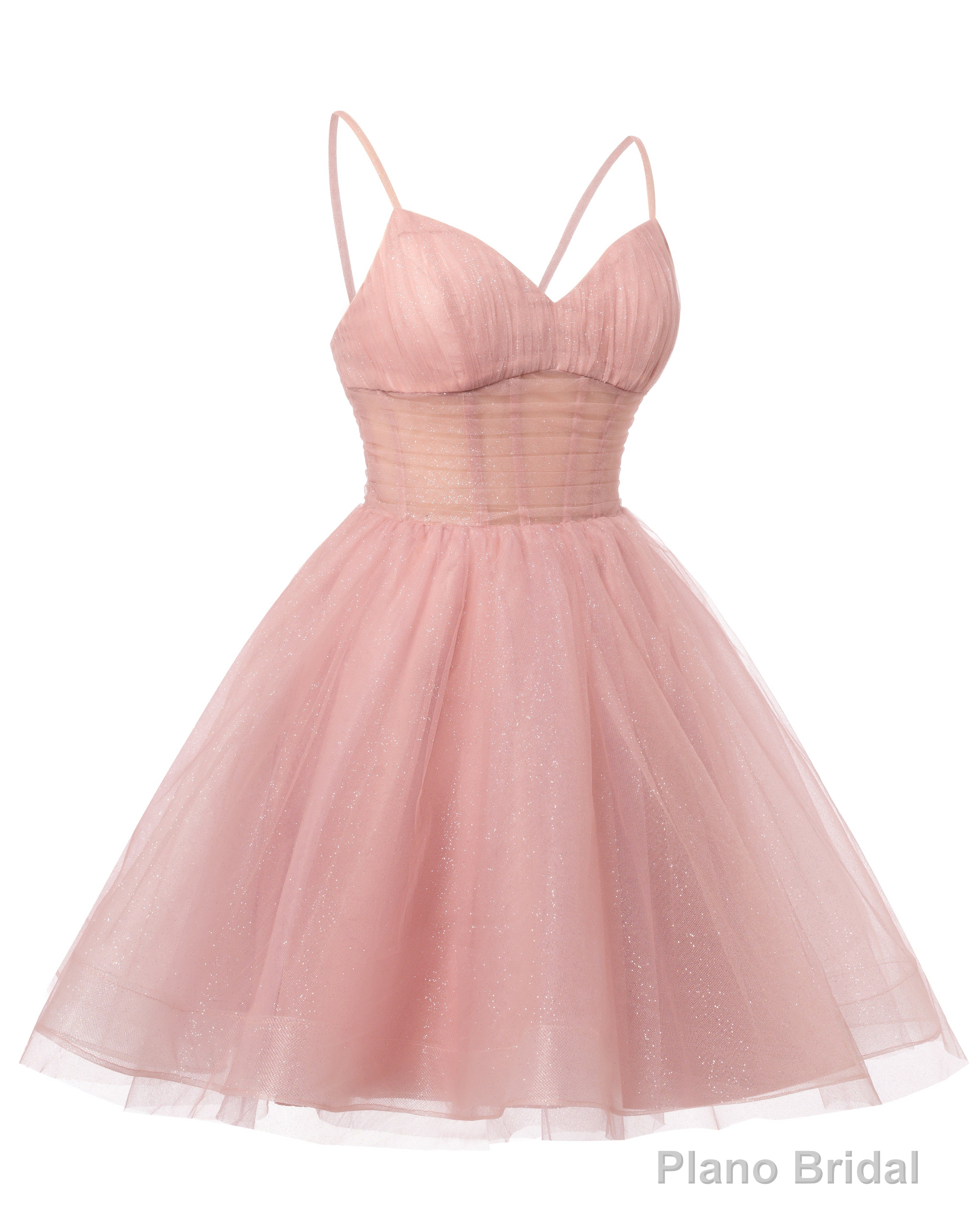 Womens V Neck Tulle Spaghetti Straps Coral Homecoming Dresses with Corset Back Short Prom Gowns for Teens