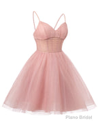 Womens V Neck Tulle Spaghetti Straps Yellow Homecoming Dresses with Corset Back Short Prom Gowns for Teens