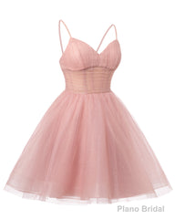Womens V Neck Tulle Spaghetti Straps Yellow Homecoming Dresses with Corset Back Short Prom Gowns for Teens
