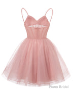 Womens V Neck Tulle Spaghetti Straps Dusty Rose Homecoming Dresses with Corset Back Short Prom Gowns for Teens
