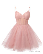 Womens V Neck Tulle Spaghetti Straps Silver Gray Homecoming Dresses with Corset Back Short Prom Gowns for Teens