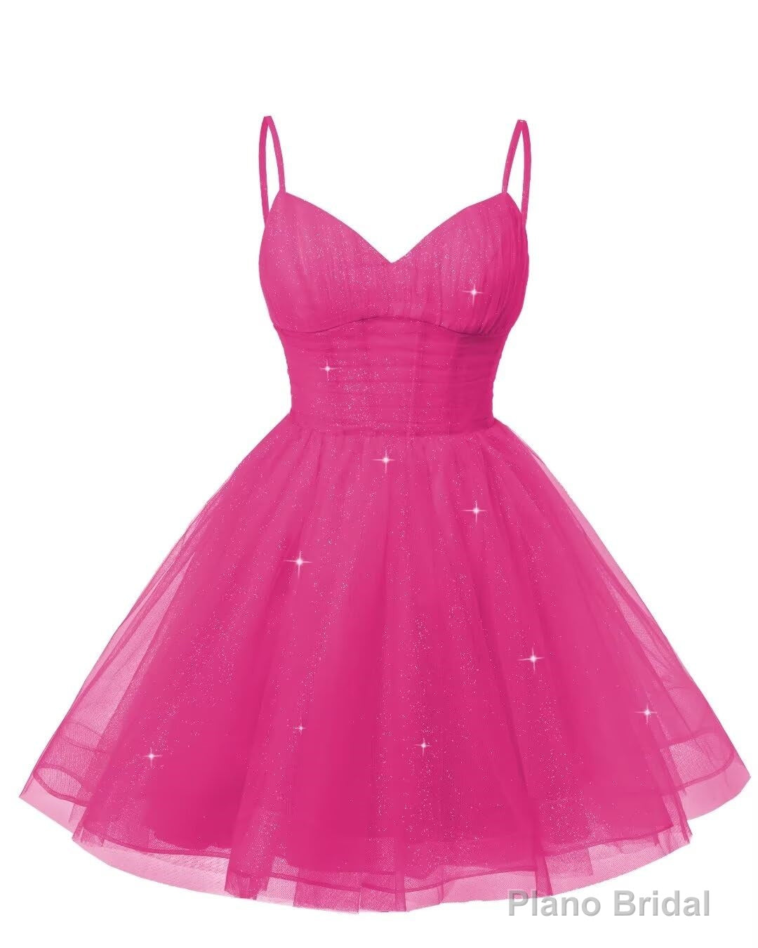 Womens V Neck Tulle Spaghetti Straps Hot Pink Homecoming Dresses with Corset Back Short Prom Gowns for Teens Secondary image