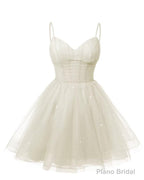 Womens V Neck Tulle Spaghetti Straps Ivory Homecoming Dresses with Corset Back Short Prom Gowns for Teens