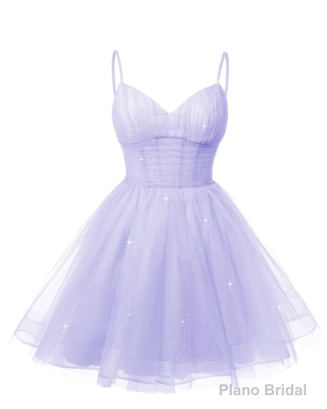 Womens V Neck Tulle Spaghetti Straps Lilac Homecoming Dresses with Corset Back Short Prom Gowns for Teens