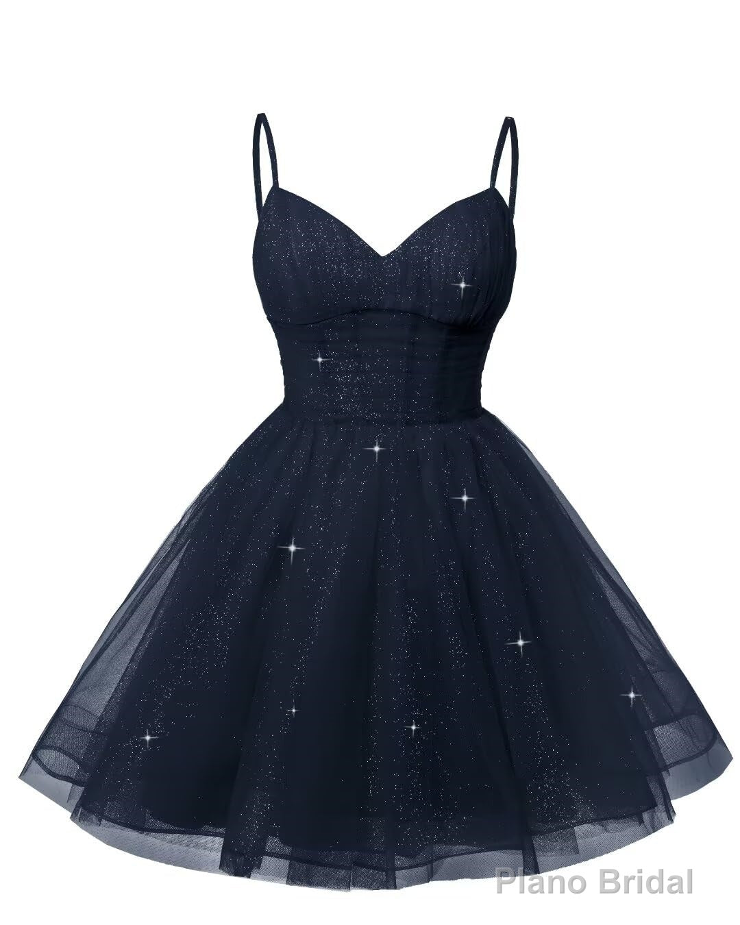 Womens V Neck Tulle Spaghetti Straps Navy Blue Homecoming Dresses with Corset Back Short Prom Gowns for Teens Main image