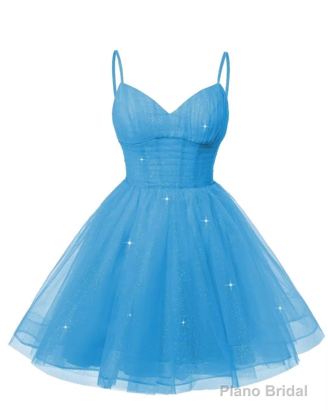 Womens V Neck Tulle Spaghetti Straps Ocean Blue Homecoming Dresses with Corset Back Short Prom Gowns for Teens Main image