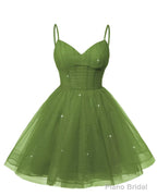 Womens V Neck Tulle Spaghetti Straps Olive Green Homecoming Dresses with Corset Back Short Prom Gowns for Teens