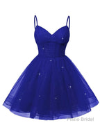 Womens V Neck Tulle Spaghetti Straps Royal Blue Homecoming Dresses with Corset Back Short Prom Gowns for Teens