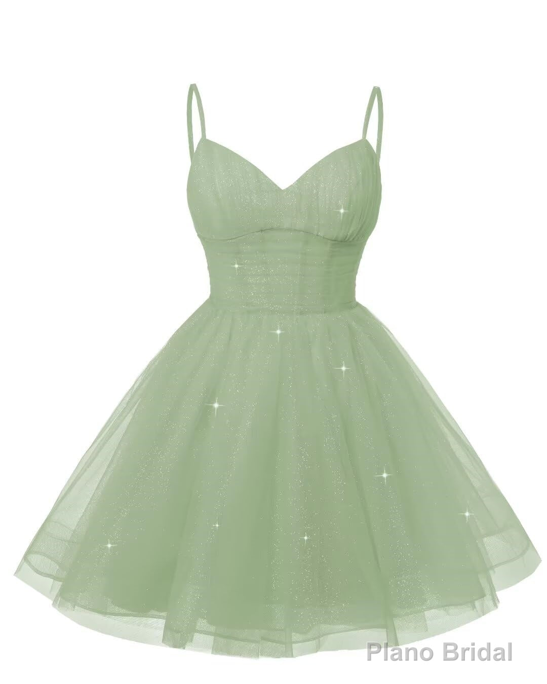 Womens V Neck Tulle Spaghetti Straps Sage Green Homecoming Dresses with Corset Back Short Prom Gowns for Teens Main image