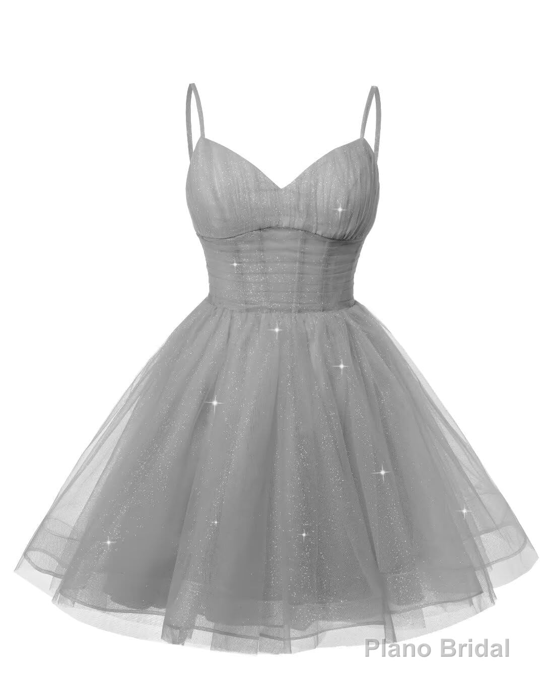 Womens V Neck Tulle Spaghetti Straps Silver Gray Homecoming Dresses with Corset Back Short Prom Gowns for Teens Main image