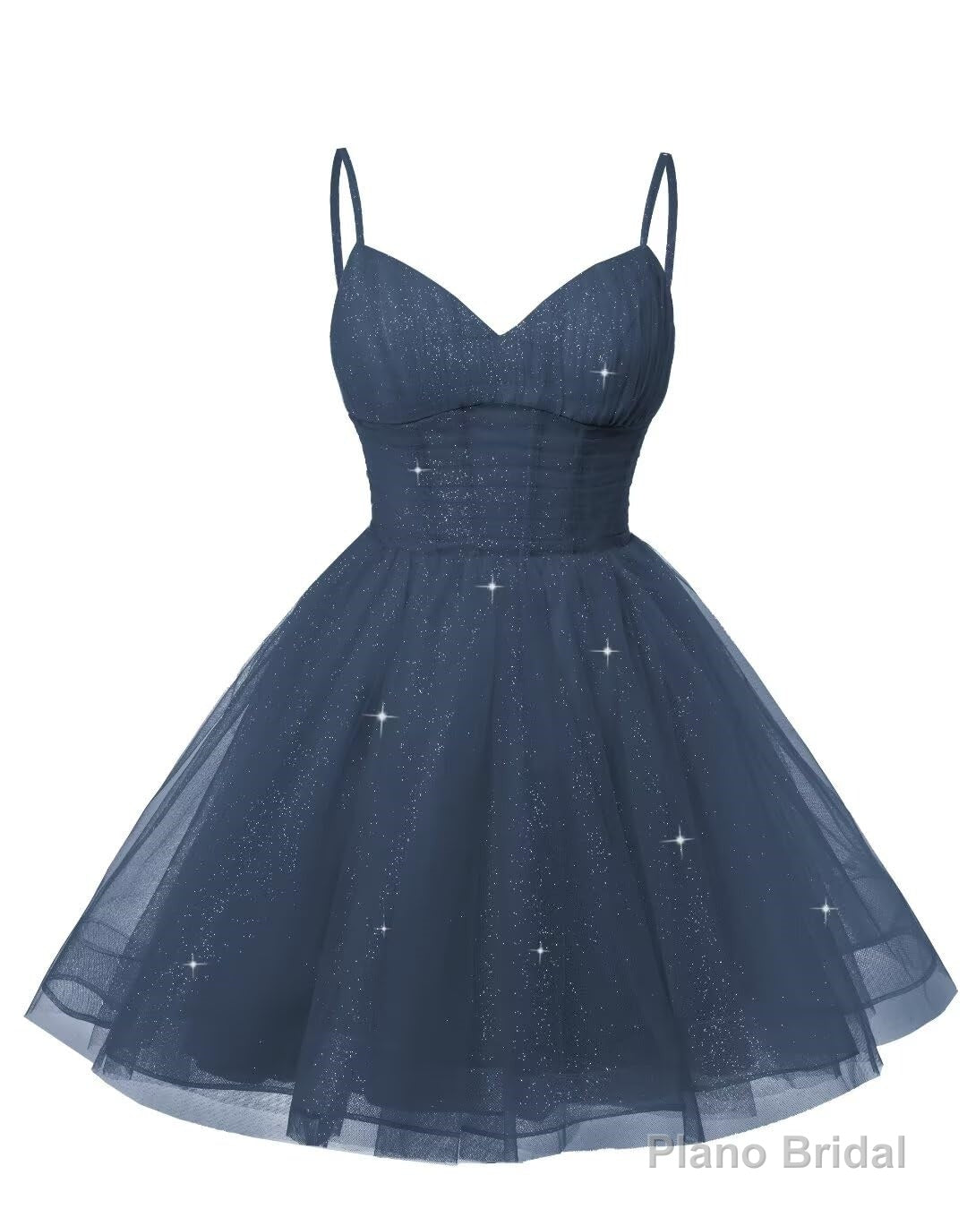 Womens V Neck Tulle Spaghetti Straps Stormy Blue Homecoming Dresses with Corset Back Short Prom Gowns for Teens Main image