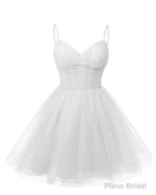 Womens V Neck Tulle Spaghetti Straps White Homecoming Dresses with Corset Back Short Prom Gowns for Teens