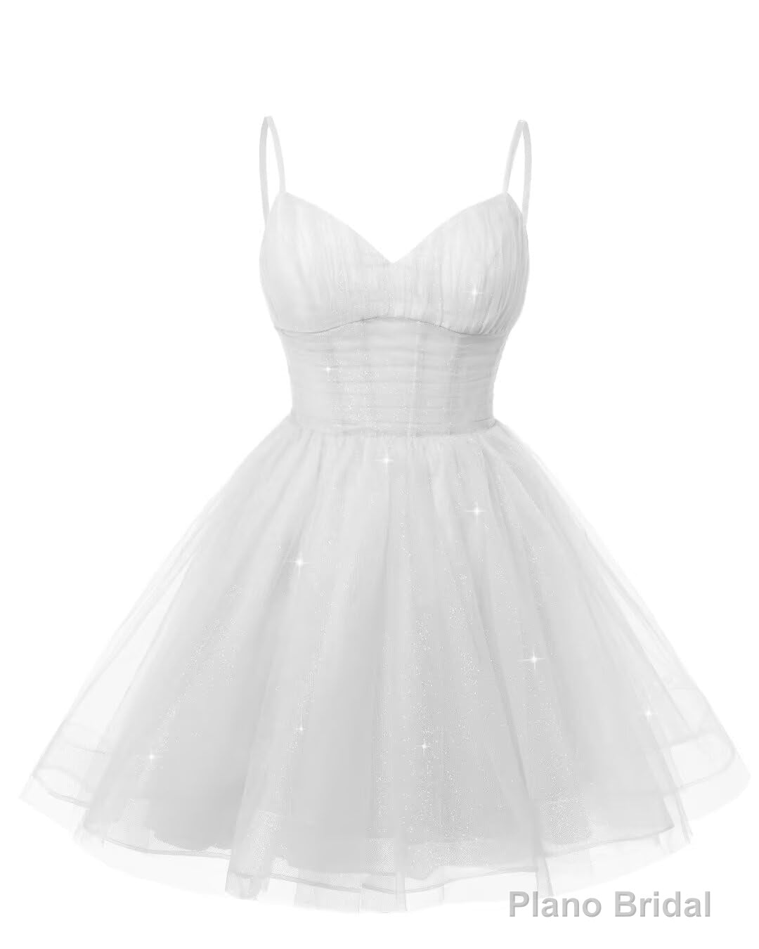 Womens V Neck Tulle Spaghetti Straps White Homecoming Dresses with Corset Back Short Prom Gowns for Teens