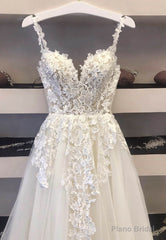 Light Champagne Tulle Long Prom Dresses with Lace