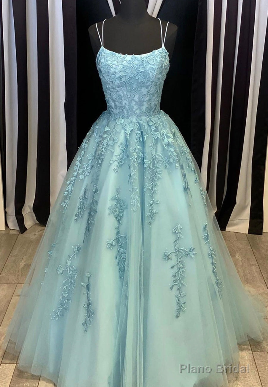 Blue Lace Long Prom Dresses, A-Line Formal Evening Dresses Main image