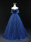Beautiful Blue Tulle Floor Length Prom Dress, A-Line Off the Shoulder Princess Dress Evening Dress