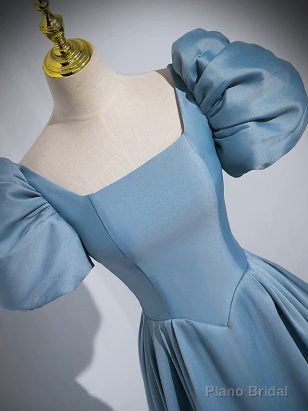 Blue Puff Sleeve Satin Floor Length Prom Dress, Blue A-Line Evening Party Dress Secondary image