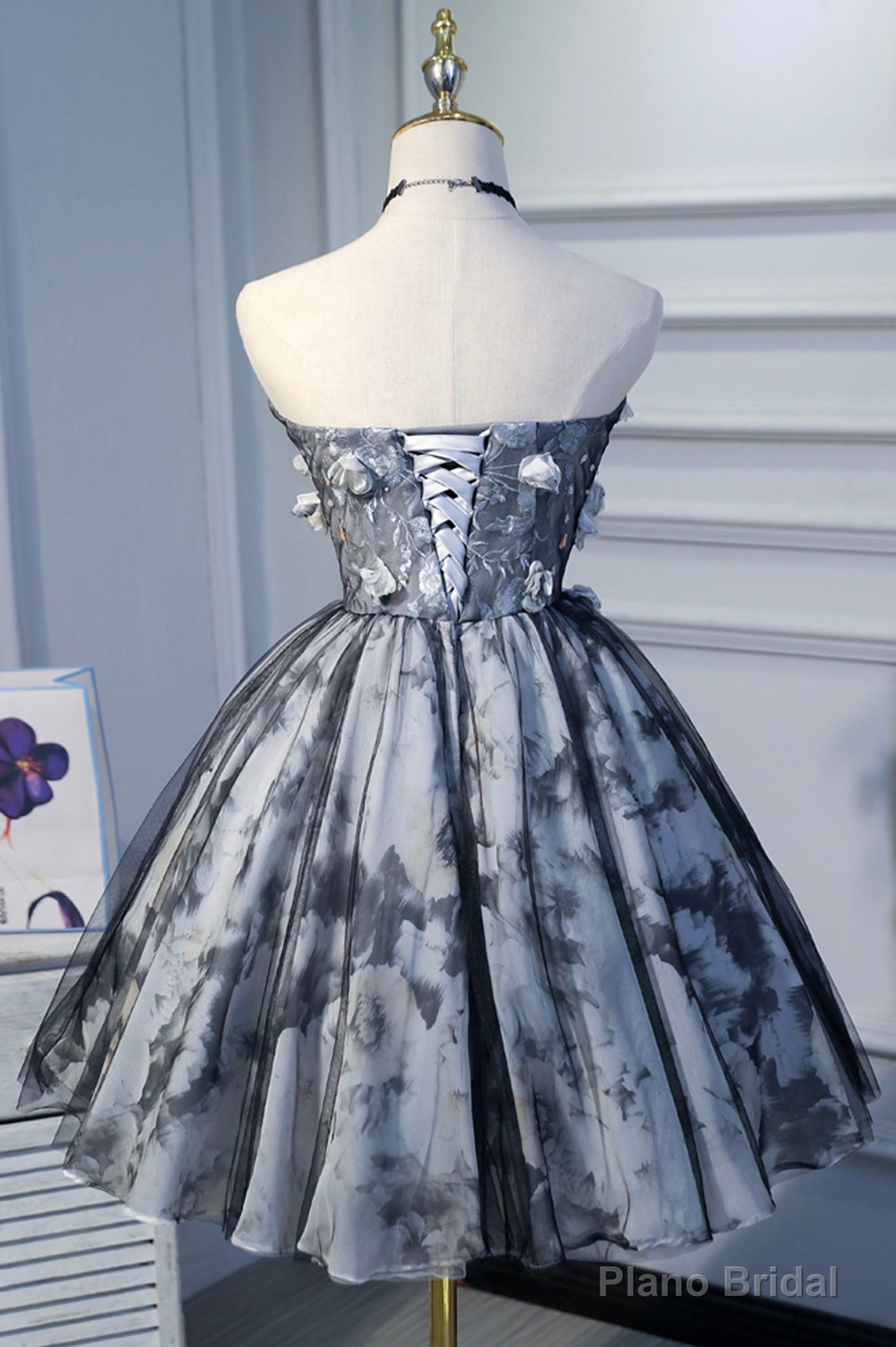 Gray Short Strapless Tulle Prom Dress, Cute A-Line Party Dress Secondary image